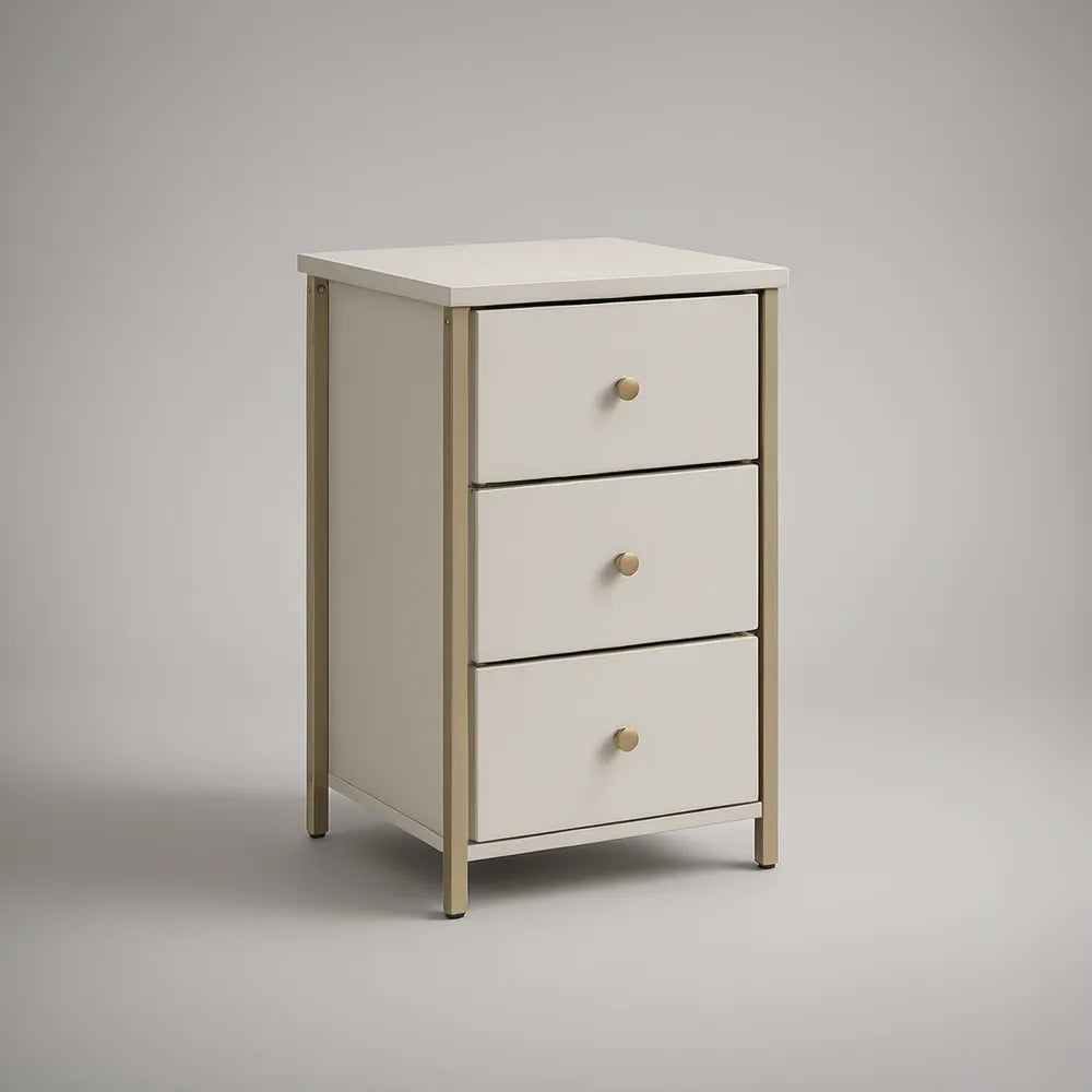 Mesa de Cabeceira Retangular com 3 Gavetas em MDF Branco e Aço Dourado, 40 x 35 x 60 cm
