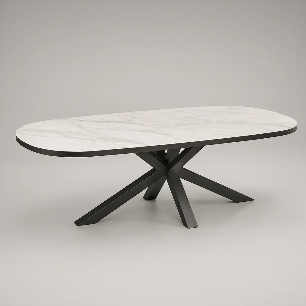 Mesa de Jantar Oval 180 x 100 x 75 cm em MDF Branco Efeito Mármore com Base em Aço Preto