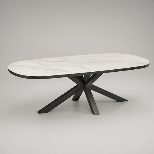 Mesa de Jantar Oval 180 x 100 x 75 cm em MDF Branco Efeito Mármore com Base em Aço Preto