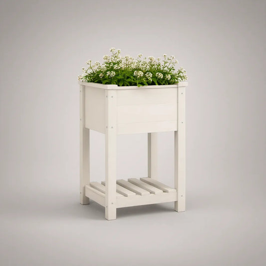 Floreira Elevada Retangular em Pinho Maciço Branco com Prateleira 80 x 40 x 90 cm