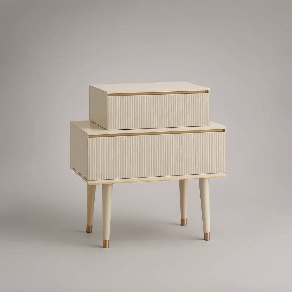 Mesa de Cabeceira com 2 Gavetas em MDF Creme e Dourado, 60 x 40 x 60 cm