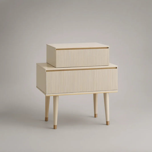 Mesa de Cabeceira com 2 Gavetas em MDF Creme e Dourado, 60 x 40 x 60 cm