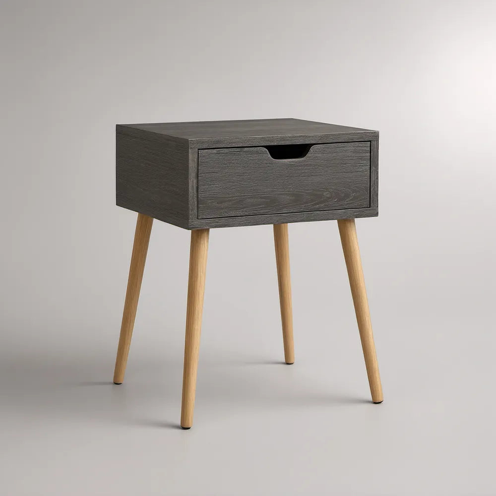 Mesa de Cabeceira com 1 Gaveta em Cinzento Escuro e Madeira Natural, 45 x 35 x 60 cm