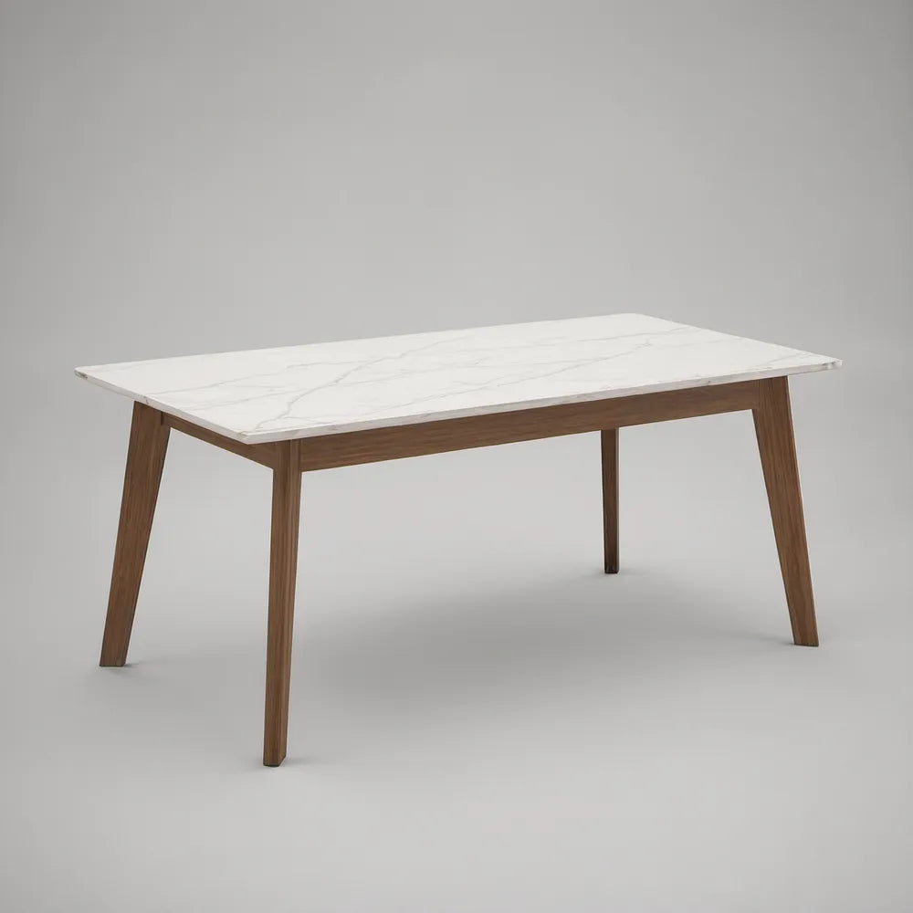 Mesa de Jantar Rectangular 160 x 90 x 75 cm com Tampo Cerâmico Efeito Mármore Branco e Pés Castanho-Nogueira