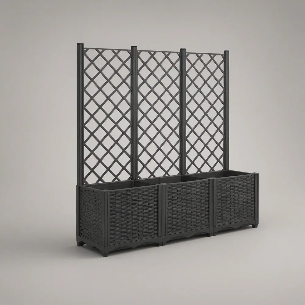 Floreira Tripla com Treliça em Polipropileno Preto, 120 x 40 x 140 cm