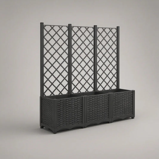 Floreira Tripla com Treliça em Polipropileno Preto, 120 x 40 x 140 cm