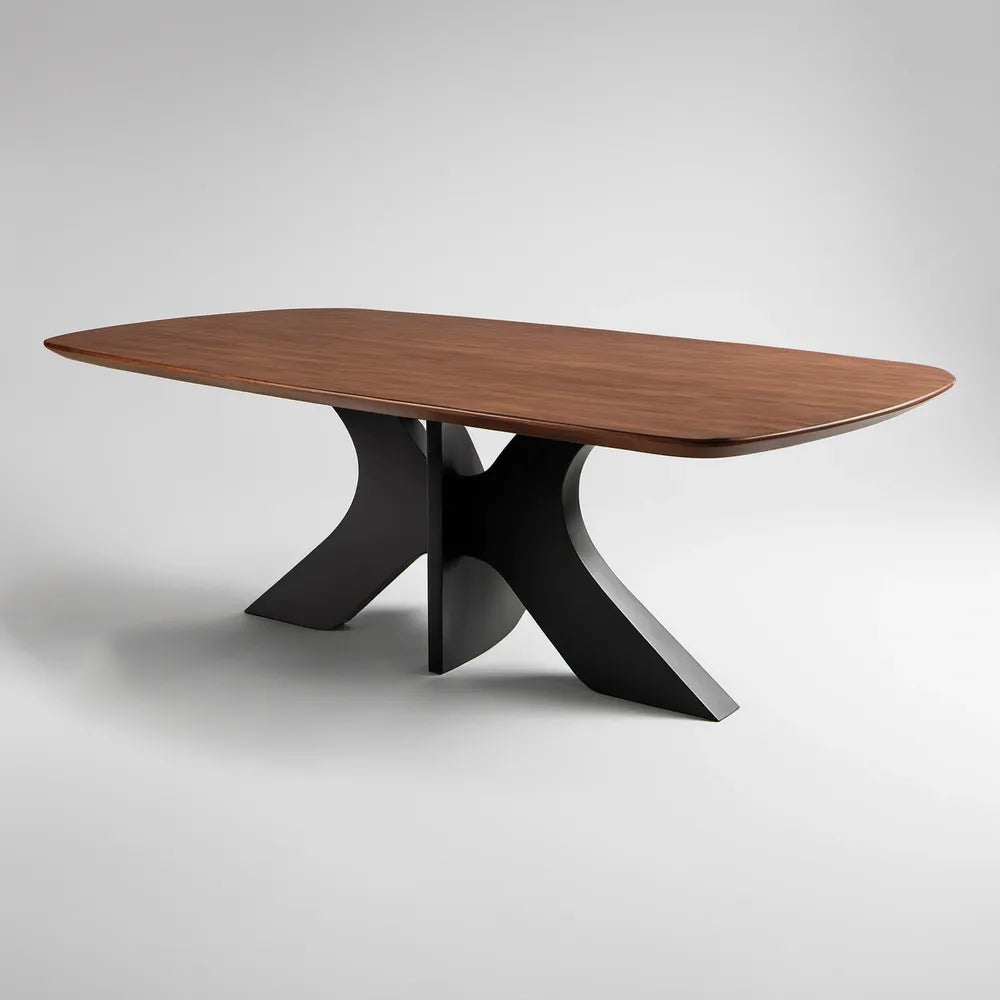 Mesa de jantar oval 200 x 100 x 75 cm em MDF folheado a nogueira com base em aço preto