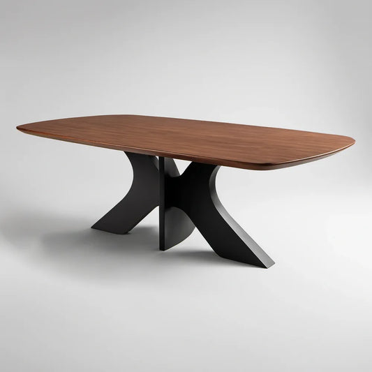 Mesa de jantar oval 200 x 100 x 75 cm em MDF folheado a nogueira com base em aço preto