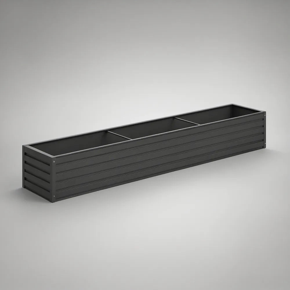 Floreira Elevada Rectangular de 3 Compartimentos em Aço Galvanizado Preto, 240 x 60 x 30 cm