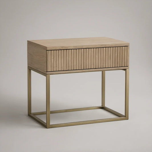 Mesa de Cabeceira com Gaveta em MDF Folheado a Carvalho e Aço Dourado, 50 x 40 x 55 cm