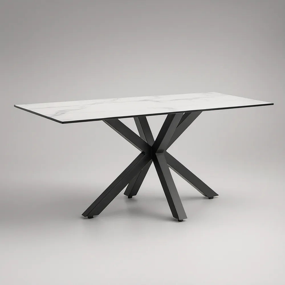 Mesa de Jantar Retangular 160 x 90 x 75 cm em Cerâmica Sinterizada Branca com Base em Aço Preto