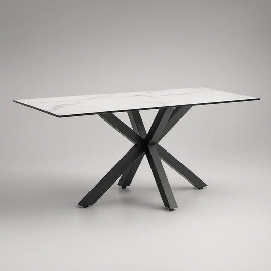 Mesa de Jantar Retangular 160 x 90 x 75 cm em Cerâmica Sinterizada Branca com Base em Aço Preto