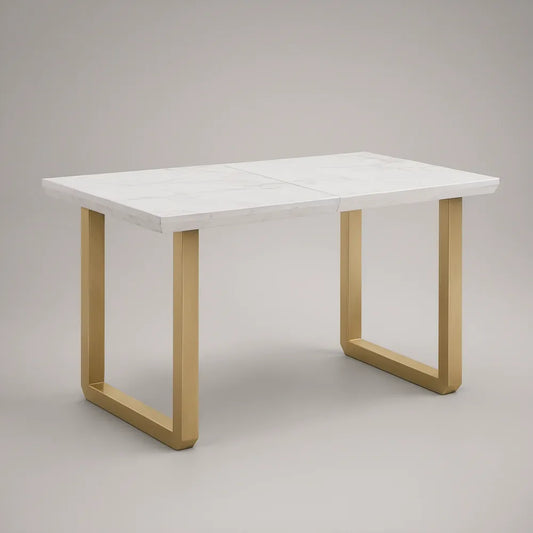 Mesa de Jantar Extensível Retangular 120-160 x 80 x 75 cm com Tampo Branco Efeito Mármore e Estrutura Dourada